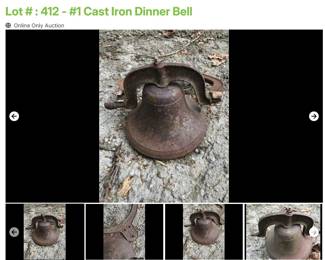 Lot # : 412 - #1 Cast Iron Dinner Bell
Bell is 14" wide and does have clapper and yoke. Is very heavy.