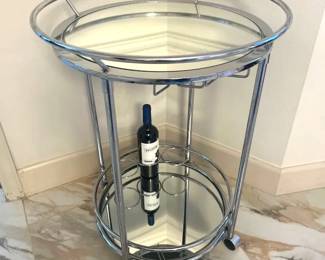 Round Mirrored and Chrome Rolling Bar Cart - 29" x 22" with Wine Glass and Wine Bottle Racks