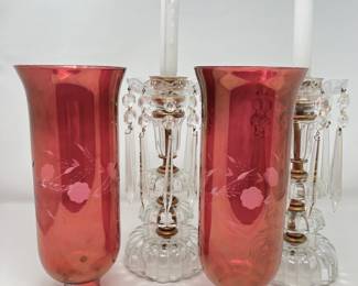 Elegant Vintage Candle Holders - Pair of Cranberry Etched Glass Shades and Crystal Bases