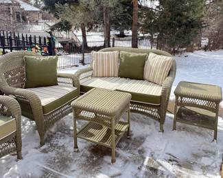 -Martha Stewart Sage Green All Weather Wicker Patio Set- Loveseat, Armchair and 2 Side Tables