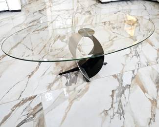 Contemporary Glass Top Oval Coffee Table with Silver and Black Metal Base