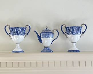 3 Piece Bombay CO. China Set - Blue and White Tea Pot and Urns