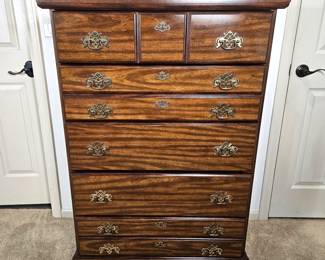 Vintage High Boy Dresser with Original Brass Hardware and Five Drawers - in Dark Wood Tone 49" Tall