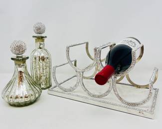 Diamond Crusted wine rack and two ZGallerie elegant Mercury glass decanters