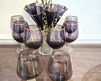 Elegant Glassware Set - Purple Wine, Champagne, and Cognac Glasses with Gold Accents.