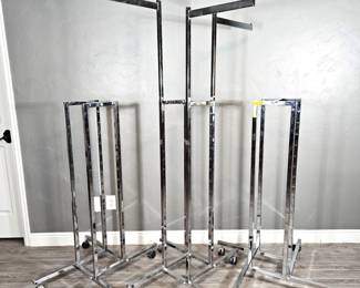 Lot of Three Commercial Clothes Racks with Adjustable Heights and Locking Wheels