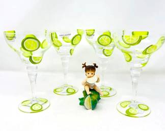 Hand Painted Lime Margarita Glasses Set of 4 with Porcelain girl w/ Lime Figurine. Hand-Painted Lime Margarita Glasses Set of 4 with Lime Figurine