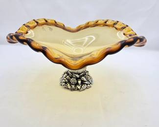 Murano Italy Round Glass Pedestal Bowl with Silver Base and Wavy Scalloped Edges