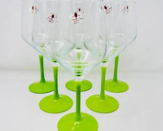 Set of 6 Italian Green Stemmed Wine Glasses - Made in Italy.