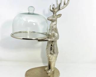 Stylish Silver Deer holding a tray with Glass Cloche.