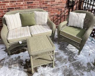 -Martha Stewart Sage Green All Weather Wicker Patio Set- Loveseat, Armchair and One Side Tables