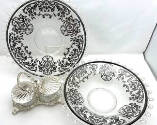 Glass Plate and Matching Serving Bowl w/ Decorative Onlay Plus Glass and Silver Relish Server Elegant Glass Serving Set - Includes 2 Glass Platters & Decorative Shell Dish.