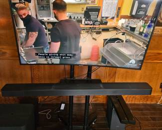 Beautiful Curved Screen Samsung 55" Smart TV (2018) Paired with JBL Sound Bar / Subwoofer & Rolling Floor Stand