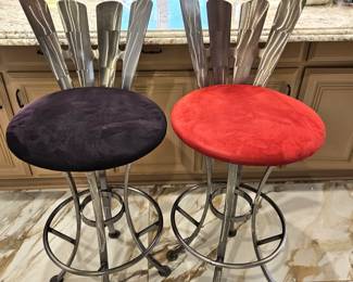 Set of Two Contemporary Bar Height Bar Stools - Swivel with Foot Rests - Red and Deep Purple
