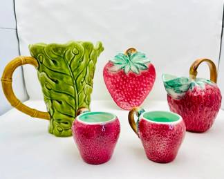 Vintage Fruit-Themed Pottery Set - Leaf Pitcher & Strawberry Cups & Pitcher Plus Strawberry Salt & Pepper