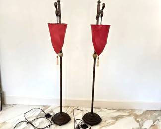 Pair of Vintage Floor Lamps with Red Shades Each 59" Tall W/ Iron Bases