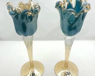 Beautiful Handblown iridescent Gold and Teal Glass Sconces - Made in Italy.