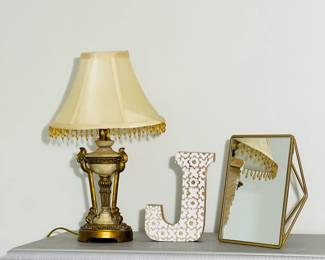 Home Decor Lot - Vintage style Lamp, Decorative Letter 'J', and Geometric Mirror.