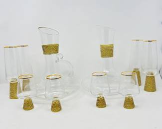 Champagne and Cocktail Gold-rimmed Diamond-wrapped Glasses With Matching Decanters