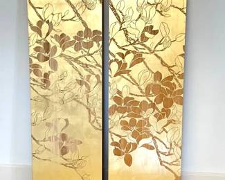 Set of 2 Gold Painted Hollow Wood Flower Art Panels Each 15.5" x 47.5"