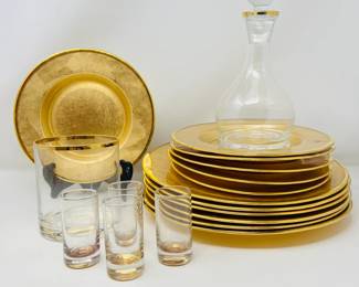 Elegant Glass Gilded Foil Dinnerware 6 Salad & 6 Dinner Plates, Plus Gold Rim Decanter, Ice Bucket & Shot Glasses-