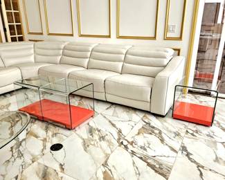 Modern Contemporary Glass Cube Tables with Bright Orange Base - Set of Three