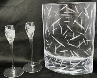Glass Nambe Vase and Two Petite Lenox Crystal Taper Candle Holders