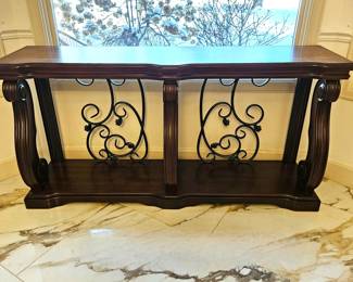 Mahogany Buffet / Hall Table with Iron Scrolling Accents and Lower Shelf
