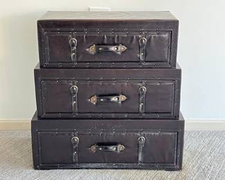 Three Drawer Faux Leather Storage Trunk with Buckles and Strap