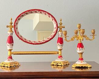 Elegant Porcelain and Ormolu Decorative Vintage Set- Oval Swivel Vanity Mirror and Five Arm Candelabra