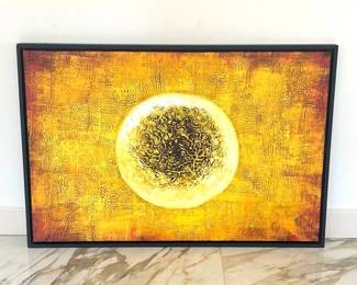 Abstract Gold, Red, and Orange Orb Framed Canvas Painting. 49" x 33.5"