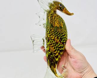 Handblown Green Multicolored Glass Seahorse - 11 inches tall