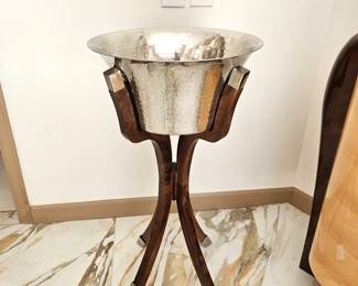 -Hammered Metal Ice Bucket on Wooden Stand - Made in India
