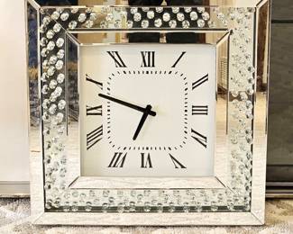 Elegant Z Gallerie Square Wall Clock in Mirrored Glass and Floating Crystals Effect 20" x 20" x 2"D