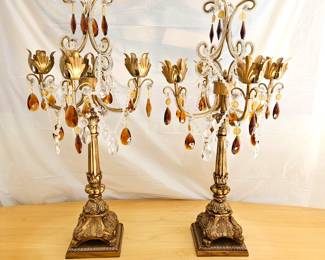 Set of Two Gilded Candelabras Adorned with Amber and Glass Crystals - Holds Taper Candles