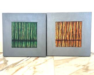 Set of 2 Textured Canvas Paintings - Green and Brown with Gray Frames - Each 16" x 16"