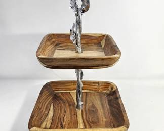 Teak Wood Two-Tier Snack Serving Tray with Silver Leaf Design Handle by Pier One