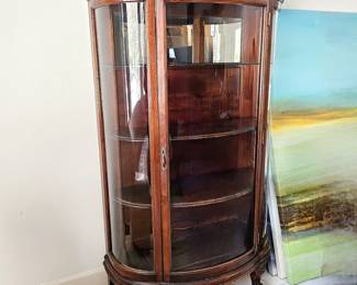 Antique Bow Front Display Case w/ Ball and Claw Legs and Original Casters - Back Mirror is Naturally Antiqued