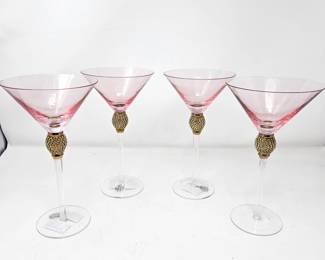 Set of 4 Unique Martini Glasses - Gold Bejeweled Pink Martini Glasses