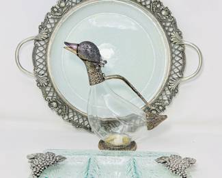 Unique Duck Decanter with Silver Details & Two Serving Tray Set.
