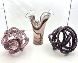 Hand-Blown Lavender Glass Wavy Flower Vase with Two Purple Glass Rope Orbs 7" Diameter