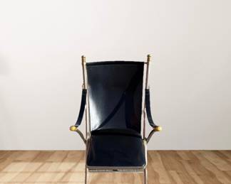 Maison Jansen 1950s Campaign Folding Chair- Collectors Piece in Brass, Steel and Black Leather