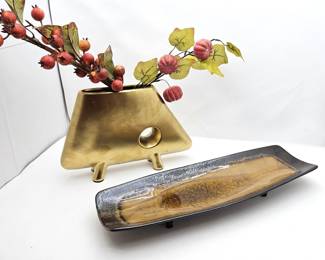 Unique Gilded Slim Vase Paired with Pretty Footed Earth Tone Ceramic Rectangle Serving Tray