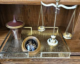Gilded Lovers Set- Serving Tray, Brass & Mother-of-Pearl Scale, Gilded Hawaiian Flowers & Lidded Ceramic Jar