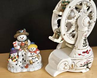 Fun Porcelain Christmas Ferris Wheel / Music Box that Circles While Playing Music, Plus Snowman Candle Holder