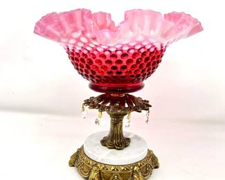 Vintage Fenton Hobnail Fluffed Glass Bowl in Cranberry Sits on Top of a Gold-tone and Marble Pedestal.
