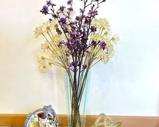 Decorative Home Accents Lot - Elegant Table Top Mirror, Floral Arrangement from ZGALLERY, and Glass Sculpture.