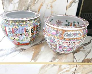 Lot of Two Vintage Chinese Fishbowl Ceramic Planters - Both 12" x 10" w/ Koi Fish Designs