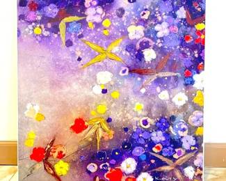 ZGALLERIE Beautiful Purple Multicolored Epoxy Floral Print - 2' x 2' with Wood Framing.