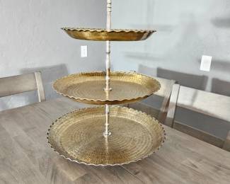Very Large Three Tiered Serving Piece with Brass Tone Patterned Trays with Pie Crust Edges Stands 27"H!